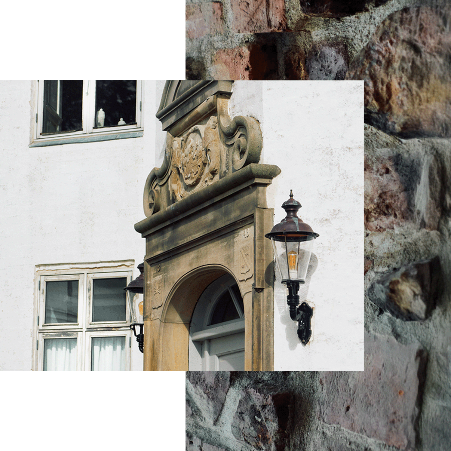 Close-up of castle entrance and lantern at Dallund Castle