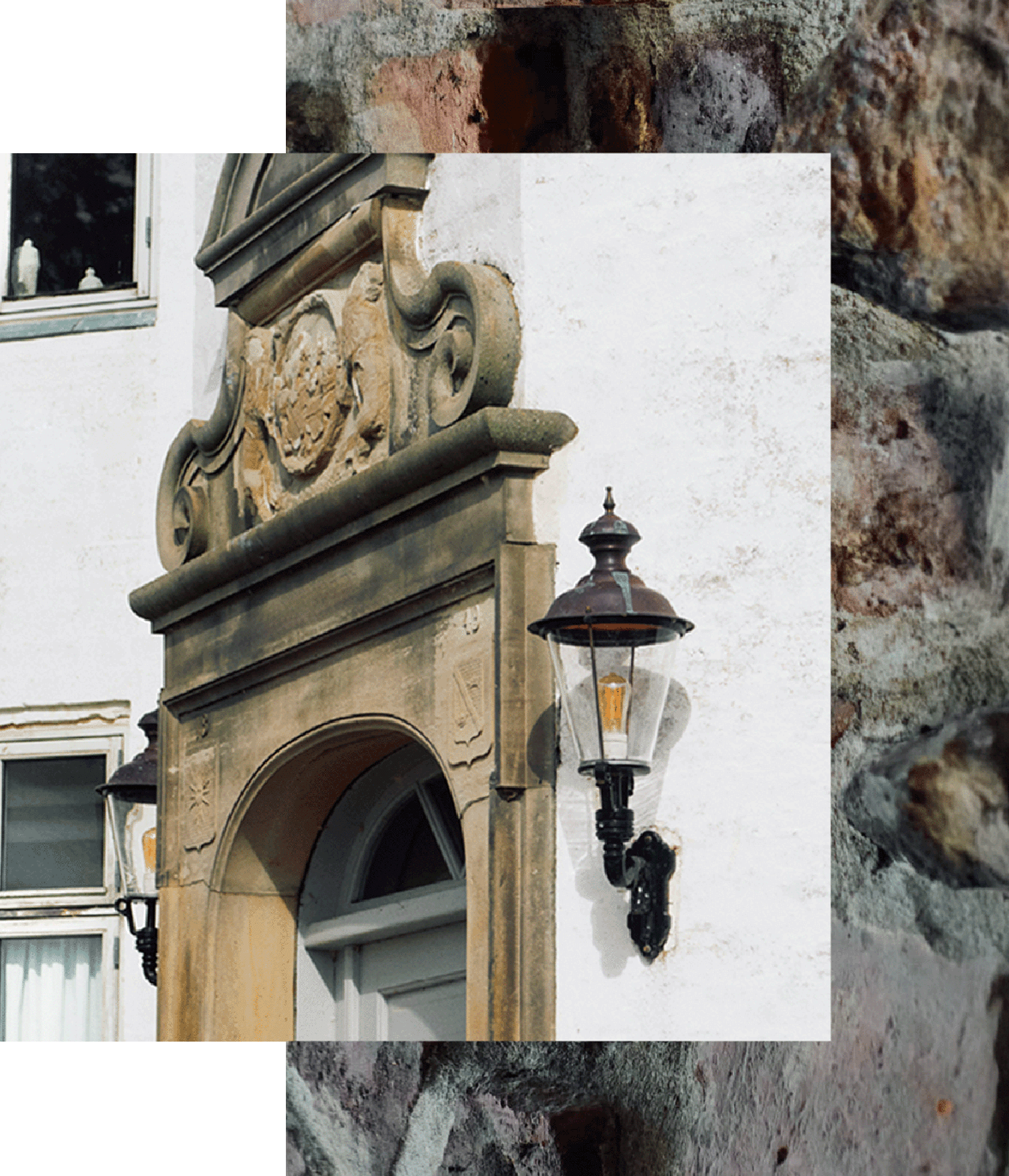 Close-up of castle entrance and lantern at Dallund Castle